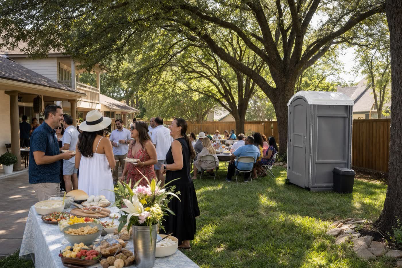 A portable toilet set discreetly beside a backyard party under live oak trees