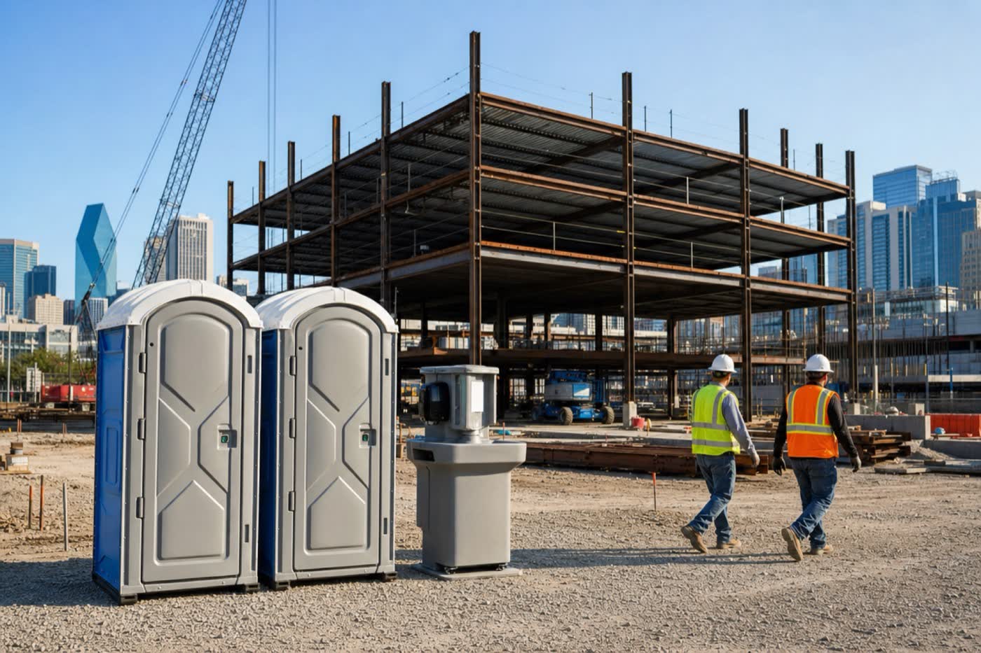 Two portable toilets and a hand-wash station at a Dallas construction site as workers walk past