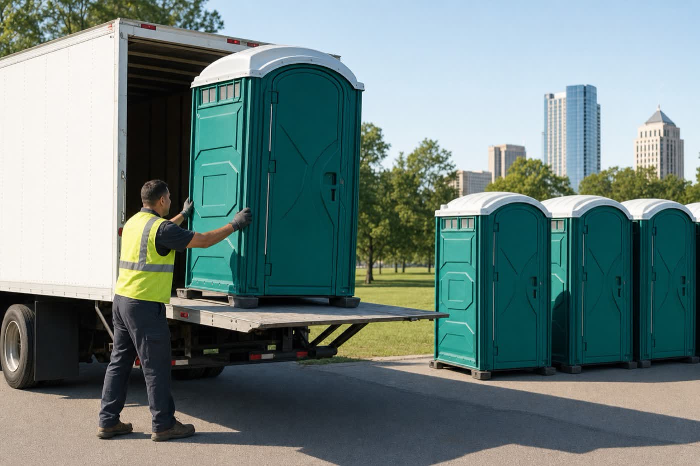 A worker unloading a portable toilet from a liftgate truck at a Dallas park