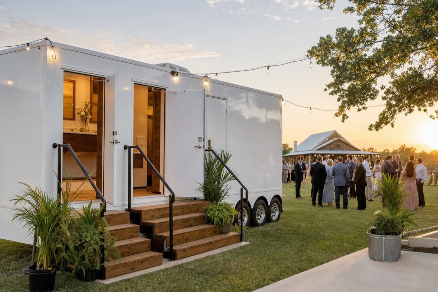 A white restroom trailer with wooden steps and plants at a Texas ranch wedding at dusk